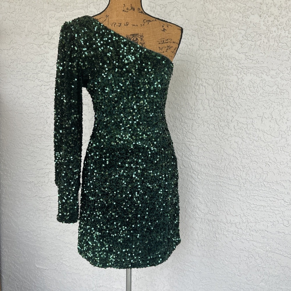 Gianni Bini Emerald Green Sequined Mini Dress One Shoulder Sexy Stretch Formal